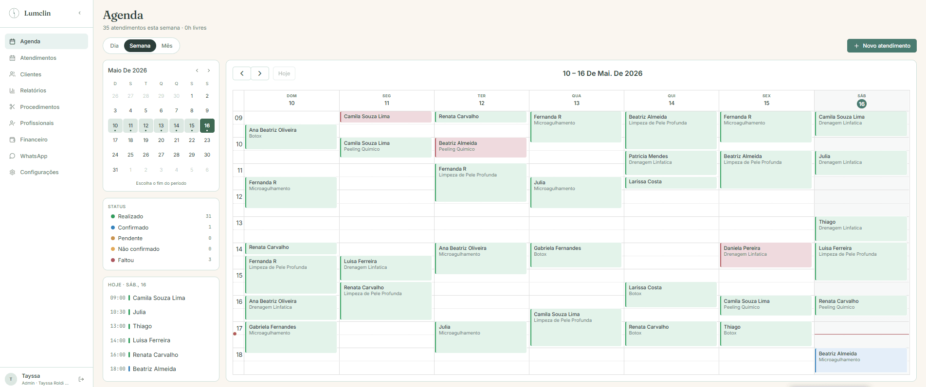 Tela de agenda semanal do Lumclin